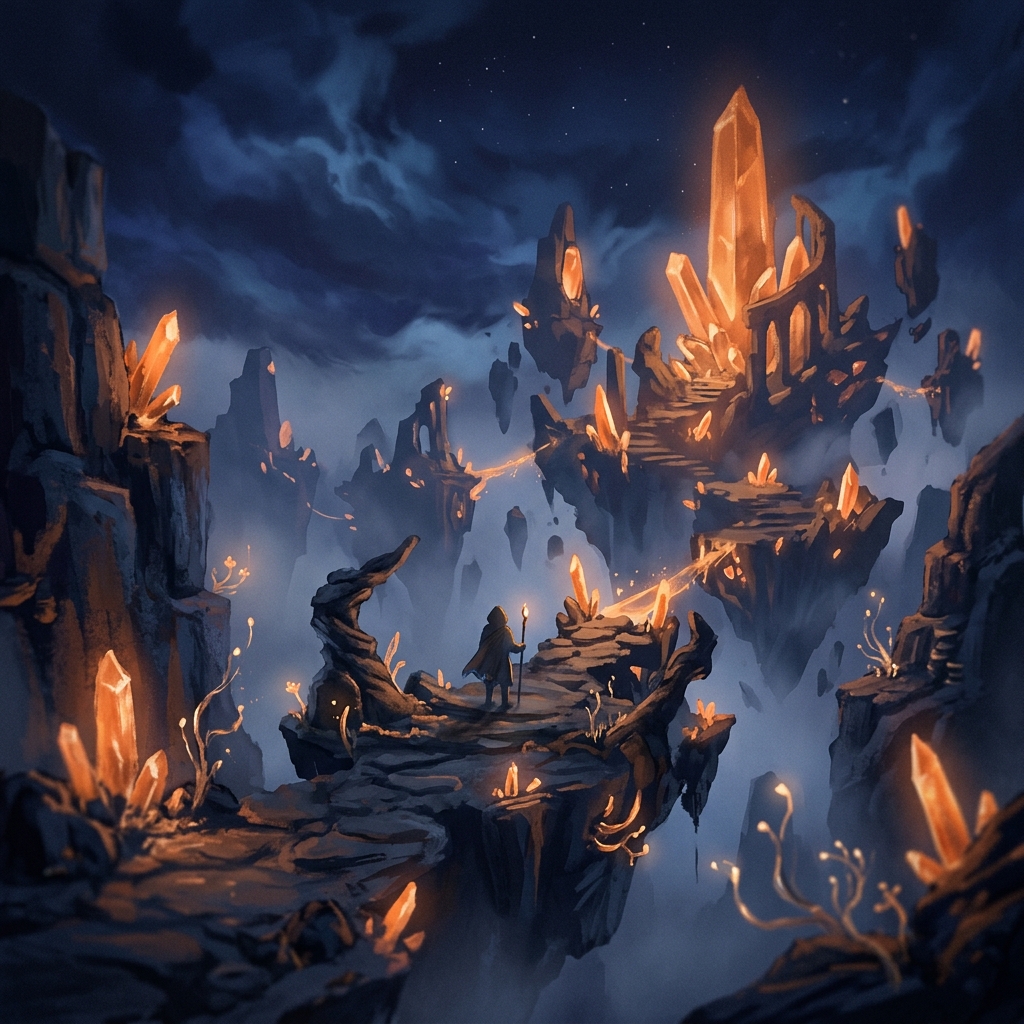 Concept art of a mysterious crystal world