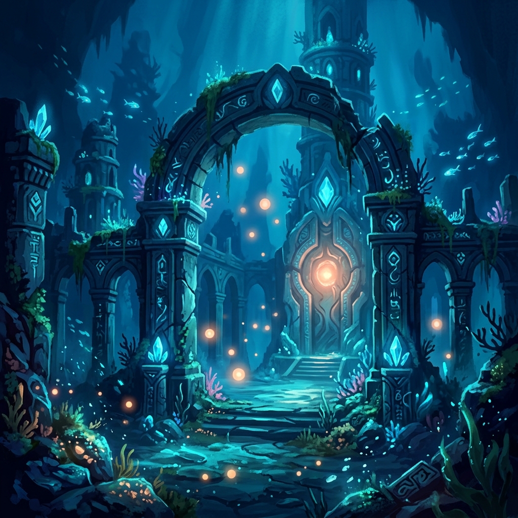 Concept art of underwater ancient ruins